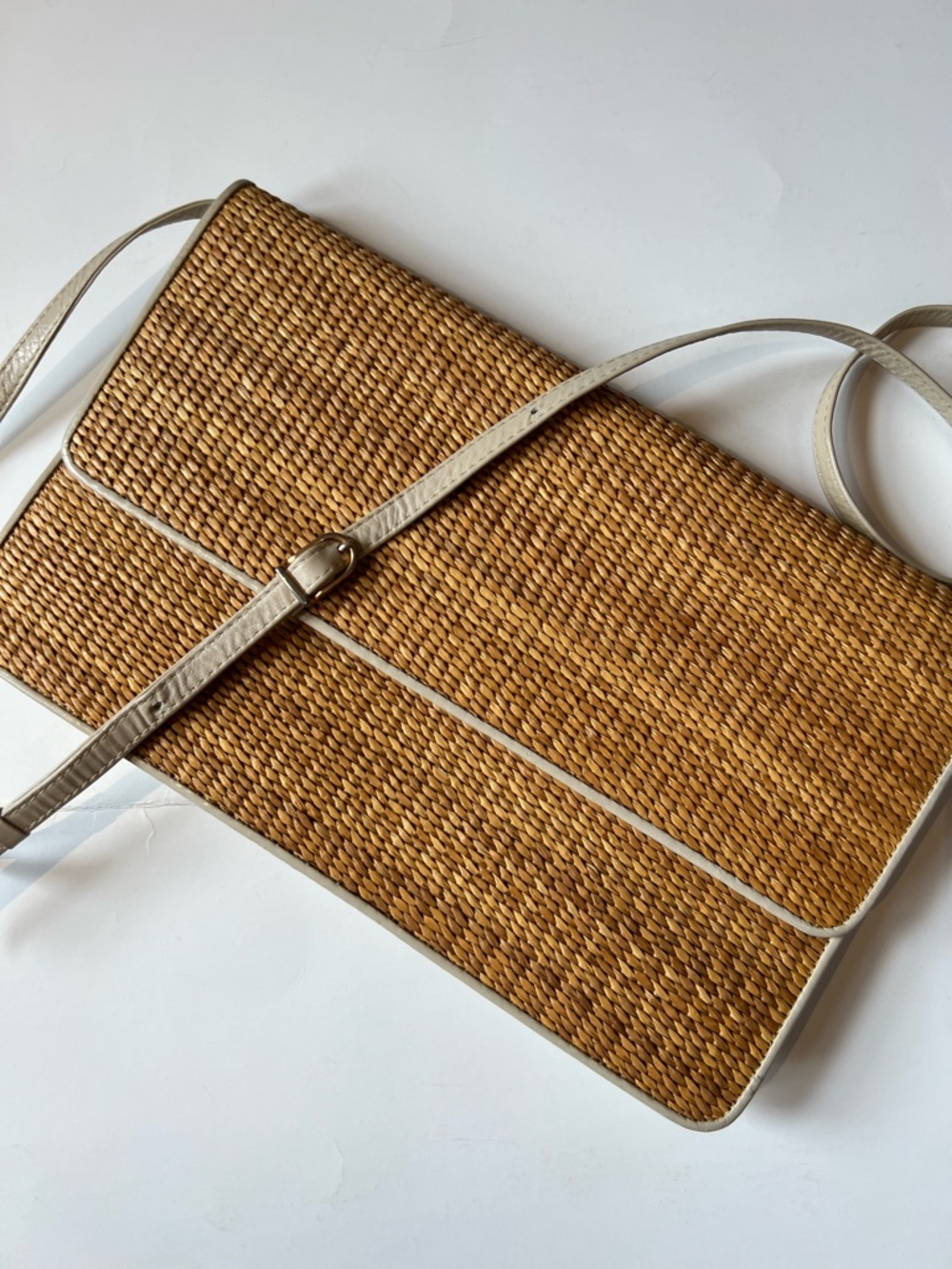 Vintage Woven Straw Crossbody/Clutch Bag with Cream Leather Trim
